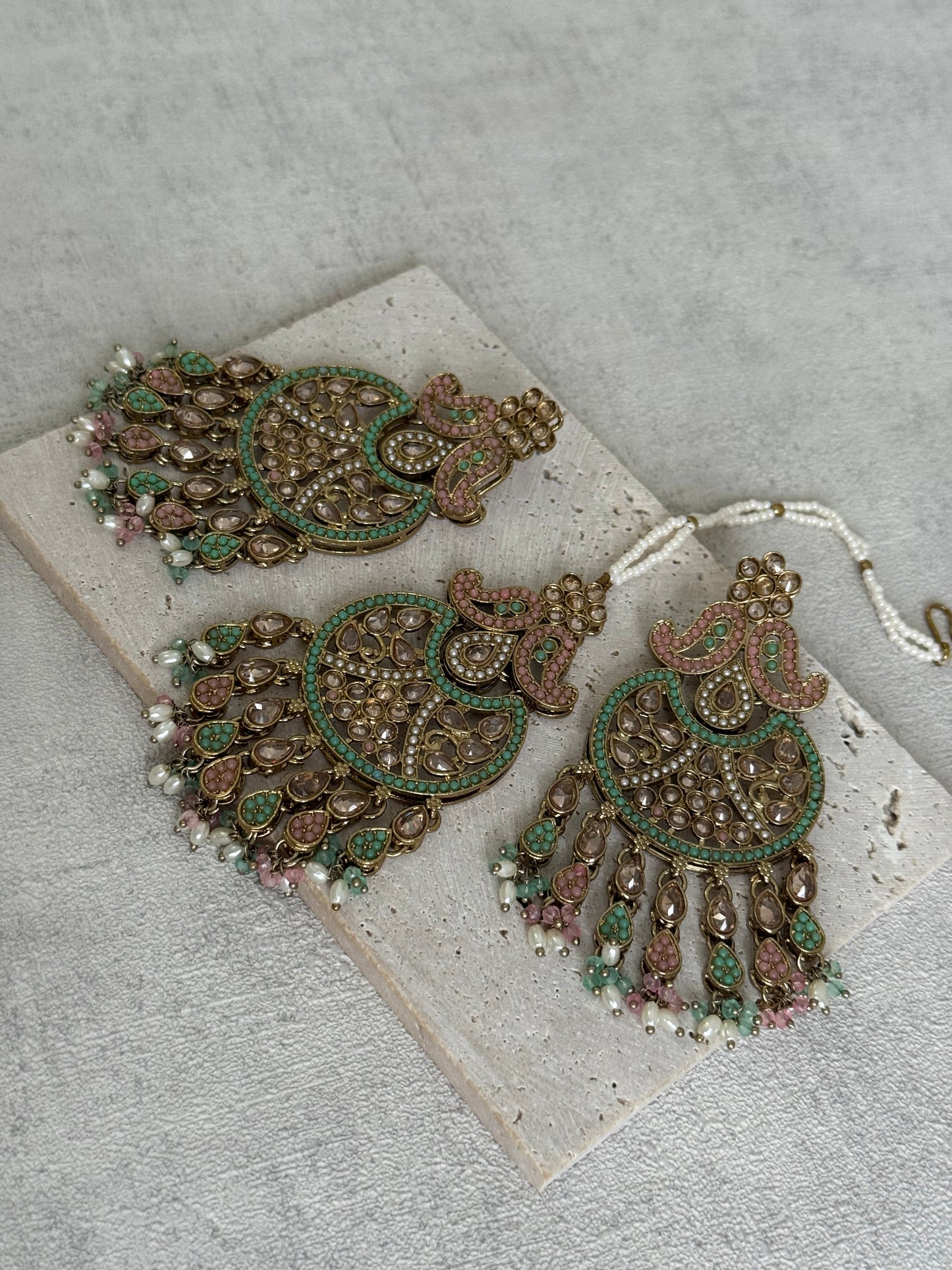 Ayura Designs Anvi Tikka Set with Earrings – Blush Pink & Mint Green with Champagne Stones & Pearl Drops