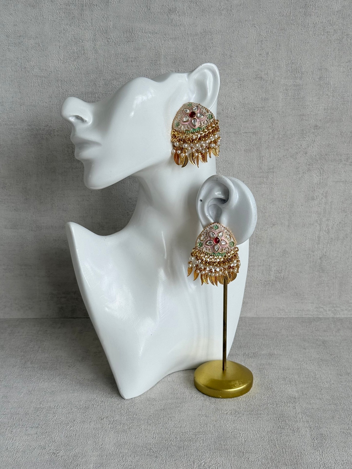 Ayura Designs Rozina Earrings – Floral Meenakari Earrings with Ruby Pink Centre Stone, Pearl Clusters & Gold Leaf Charms