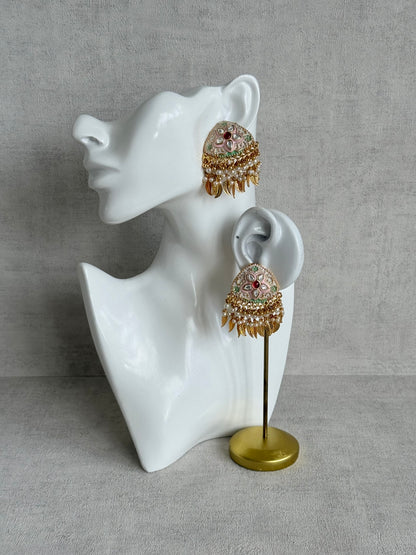 Ayura Designs Rozina Earrings – Floral Meenakari Earrings with Ruby Pink Centre Stone, Pearl Clusters & Gold Leaf Charms