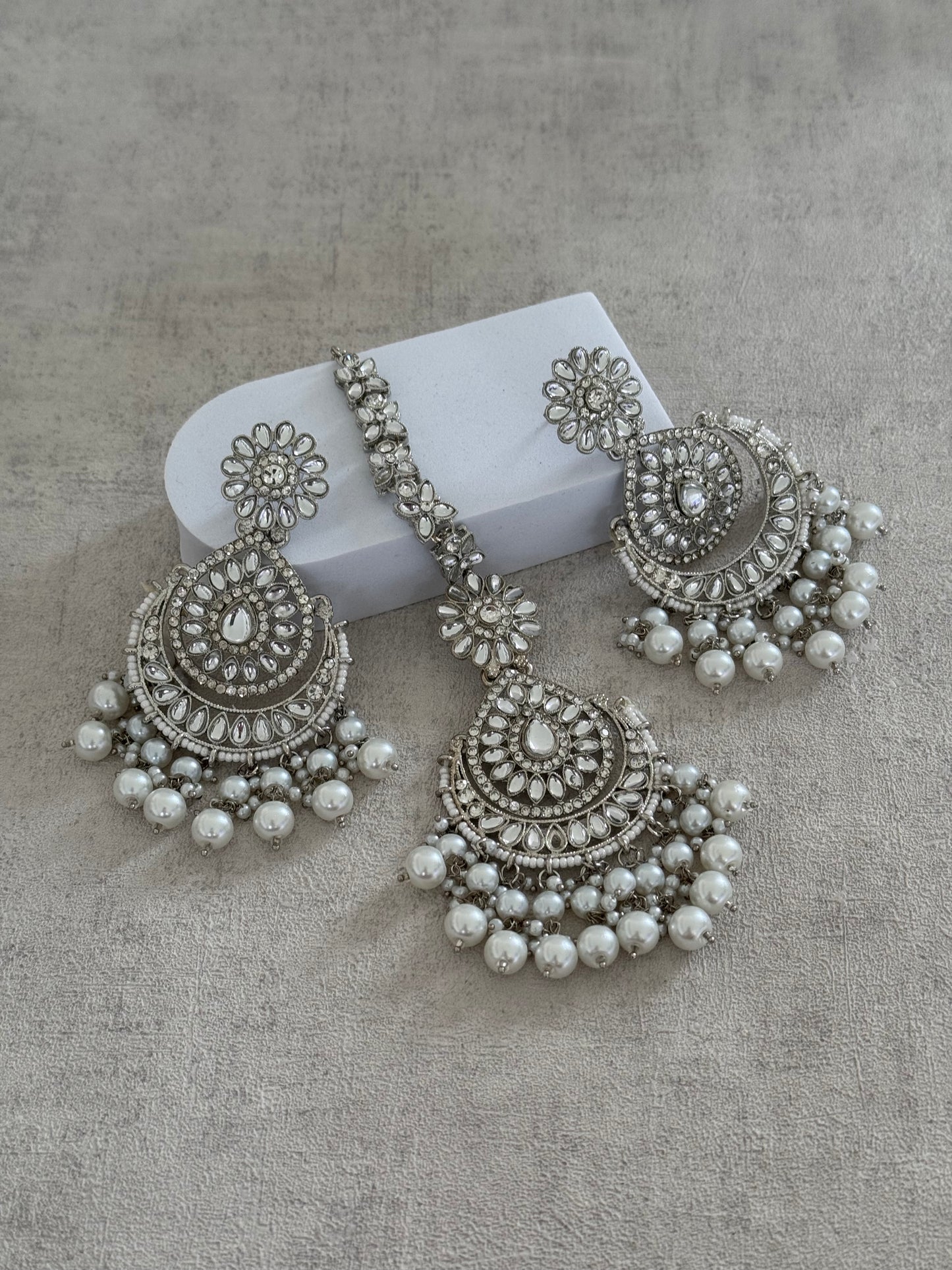 Ayura Designs Seher Tikka & Earrings Set – Radiant Silver with Luminous White Pearls