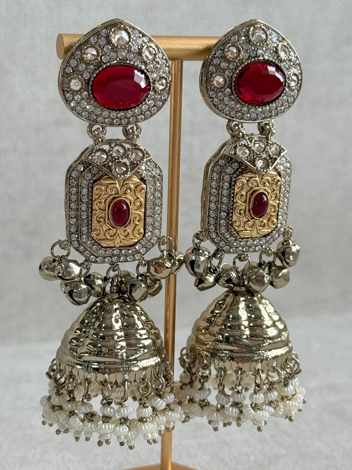 Ayura Designs Maara Jhumkis – Champagne Gold with Ruby Red Stones, Crystals, Ghungroos & Pearl Detailing