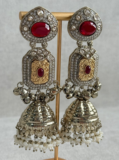 Ayura Designs Maara Jhumkis – Champagne Gold with Ruby Red Stones, Crystals, Ghungroos & Pearl Detailing