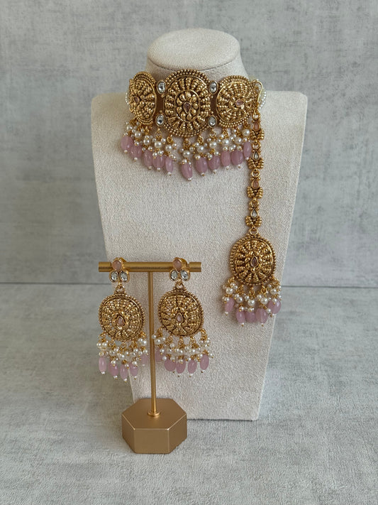 Ayura Designs Tanveer Choker Set with Earrings & Tikka – Antique Gold with Mirror-Cut Stones & Blush Pink Beads