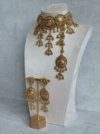 Ayura Designs Farzeena Choker Set with Earrings & Tikka – Traditional Gold Tone Waterfall Jewellery Set with Ghungroo Detailing