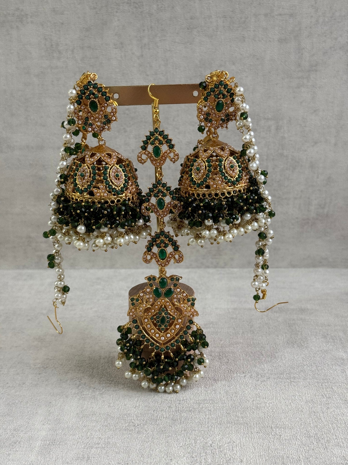 Ayura Designs Noor Set – Choker, Jhumkis with Sahare & Tikka in Emerald Green with Pearl Detailing