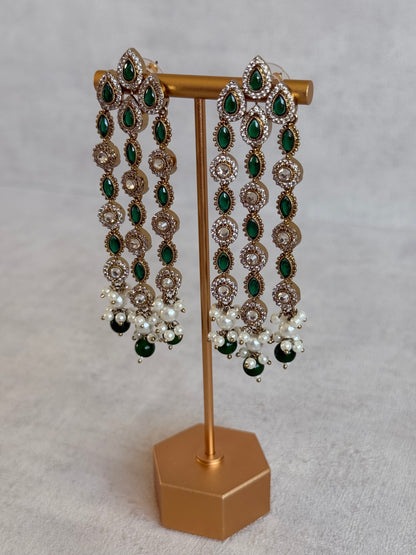 Ayura Designs Emilia Earrings – Gold Triple Strand Statement Earrings with Emerald Green Stones & Pearl Drops