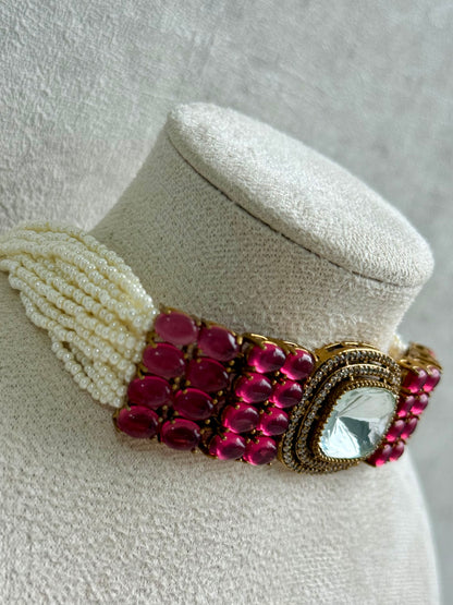 Ayura Designs Emma Choker Set – Ruby Fuchsia Gemstone Choker & Studs with Mirror-Cut Centrepiece, Pearl Strands & Crystal Borders