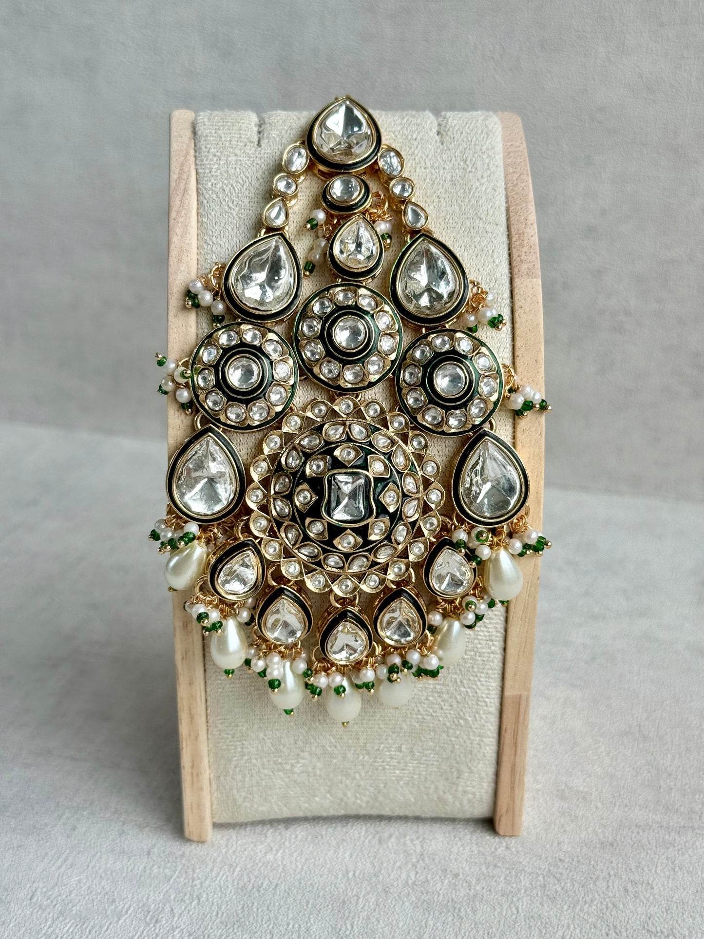 Ayura Designs Suhana Jhoomar Passa – Kundan Jhoomar with Ivory Pearl Drops, Pearl Detailing & Green Bead Accents