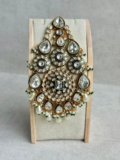 Ayura Designs Suhana Jhoomar Passa – Kundan Jhoomar with Ivory Pearl Drops, Pearl Detailing & Green Bead Accents