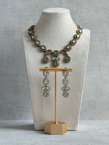 Ayura Designs Bianca Necklace Set with Earrings – Mint Green & White Kundan, Crystals & Gold Finish