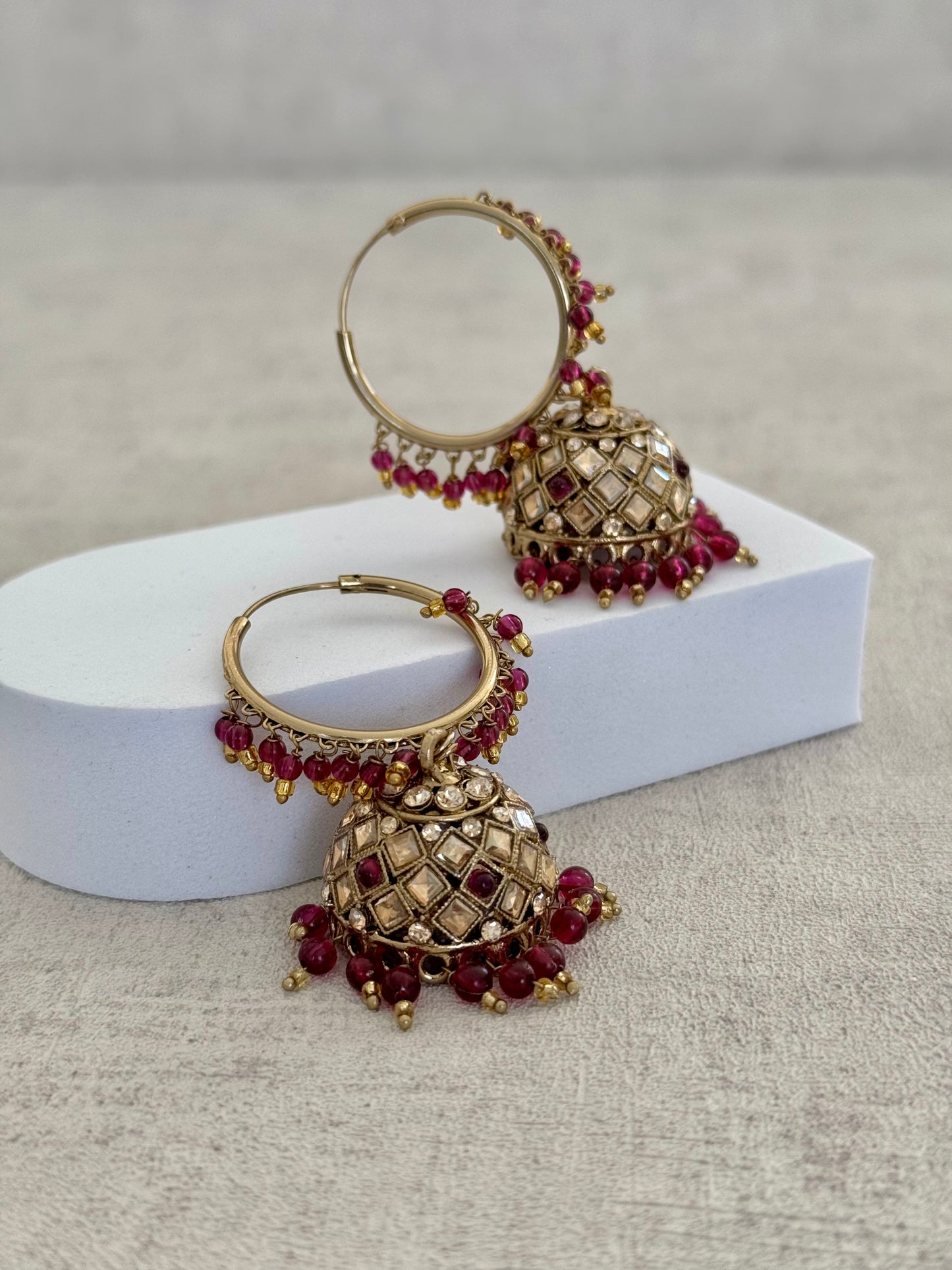 Ayura Designs Jugni Bali Jhumkas – Antique Gold with Deep Plum Beads