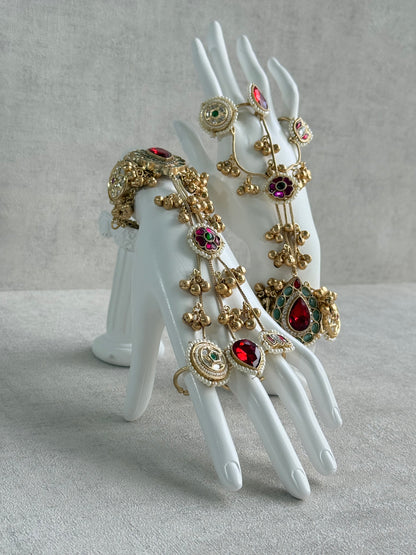 Ayura Designs Ekavira Haathphool Set of 2 – Kundan Style Hand Harness with Ruby Red, Rani Pink & Green Stones, Ghungroo Detailing & Pearls