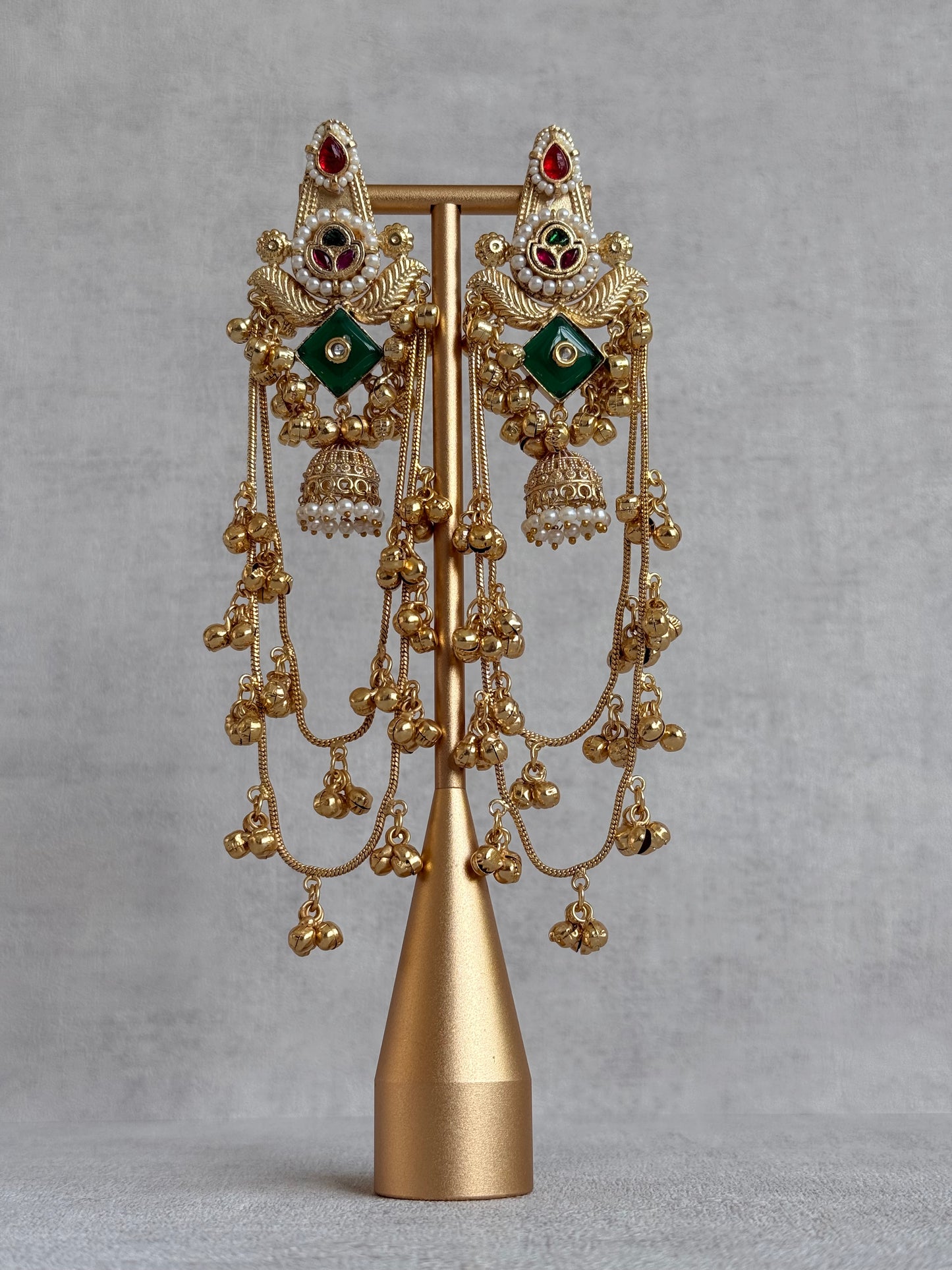 Ayura Designs Simal Earrings – Kashmiri Earrings with Green Stone, Multicoloured Detailing, Layered Ghungroo Chains & Jhumkis