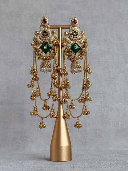 Ayura Designs Simal Earrings – Kashmiri Earrings with Green Stone, Multicoloured Detailing, Layered Ghungroo Chains & Jhumkis