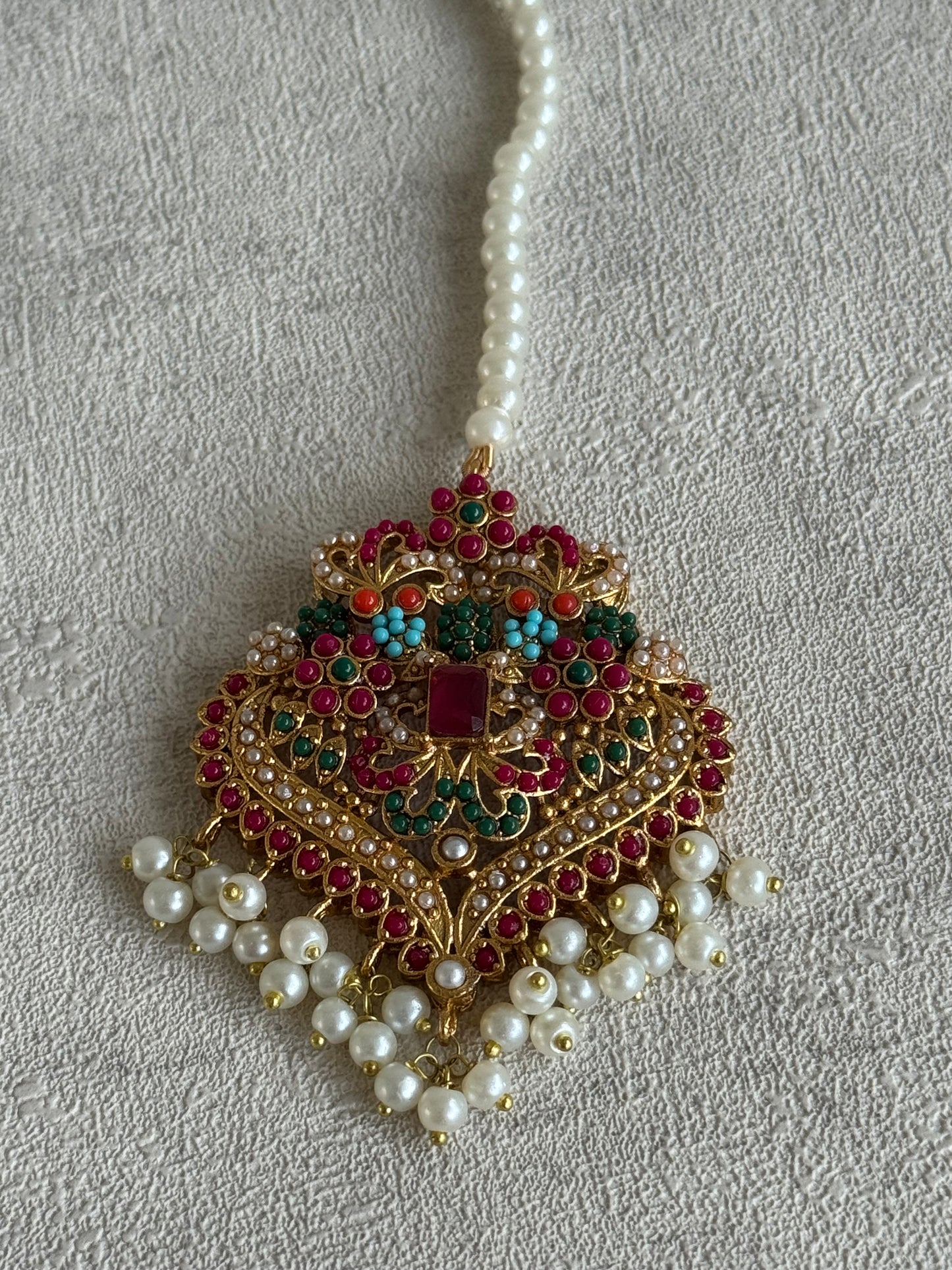 Ayura Designs Mahnoor Navratan Choker Set with Earrings & Tikka – Antique Gold Finish, Multicolour Enamel & Pearl Detailing
