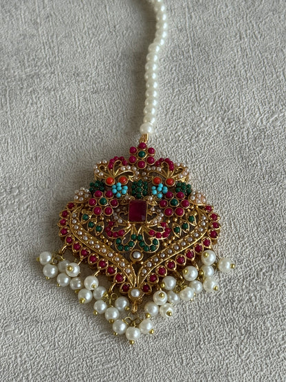 Ayura Designs Mahnoor Navratan Choker Set with Earrings & Tikka – Antique Gold Finish, Multicolour Enamel & Pearl Detailing
