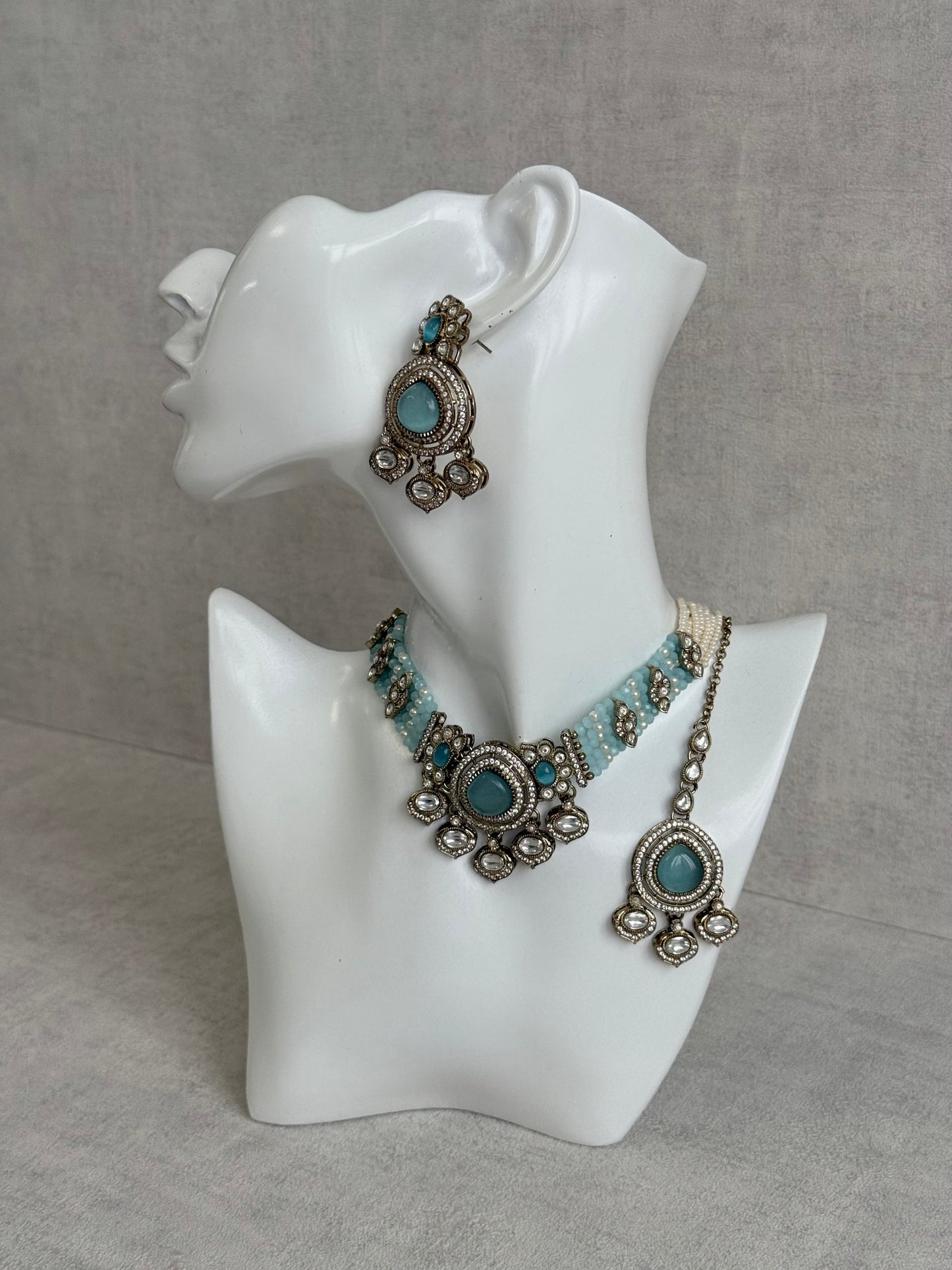 Ayura Designs Rahi Necklace Set with Earrings & Tikka – Aqua Blue Stones with Mirror-Cut Detailing & Pearl Strands