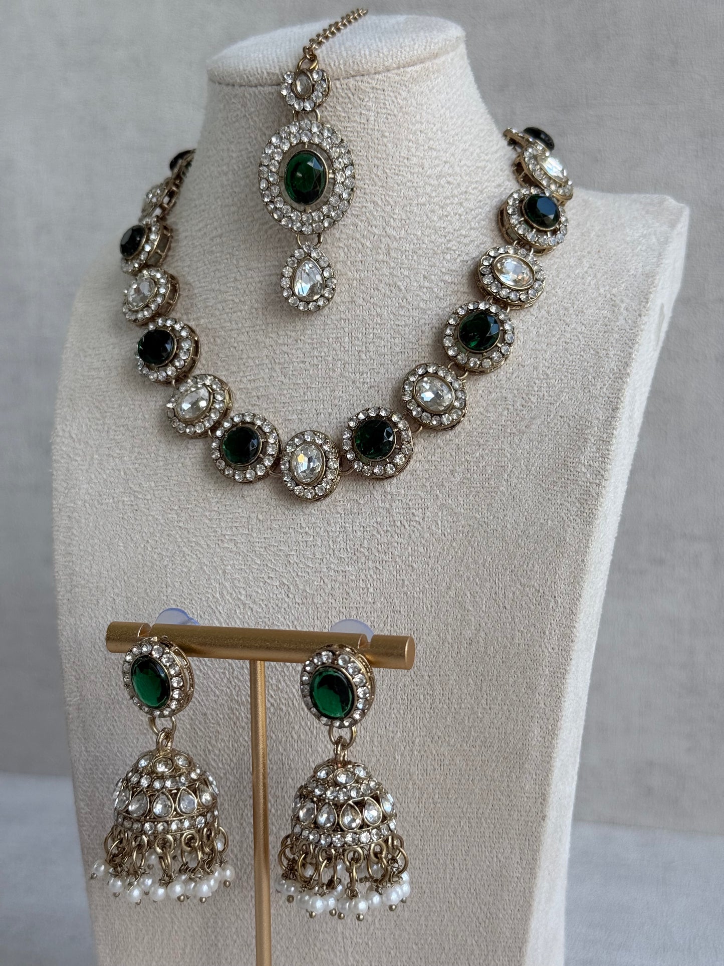 Ayura Designs Eira Necklace Set with Earrings & Tikka – Emerald Green & Crystal Stones with Antique Gold Finish