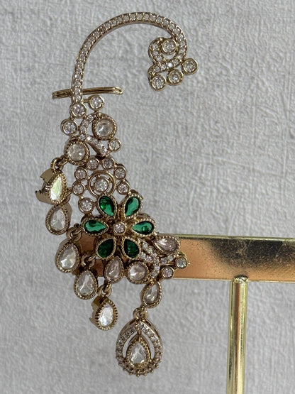 Ayura Designs Aksara Kaanphool Earrings – Emerald Green Stones, Kundan, Crystals & Antique Gold Finish