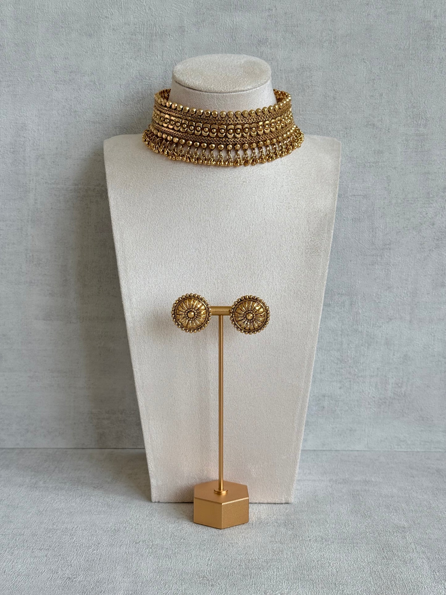 Ayura Designs Tavnoor Choker Set with Stud Earrings – Antique Gold Statement Choker with Traditional Bead Detailing