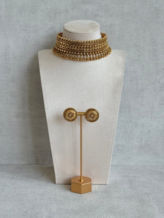 Ayura Designs Tavnoor Choker Set with Stud Earrings – Antique Gold Statement Choker with Traditional Bead Detailing