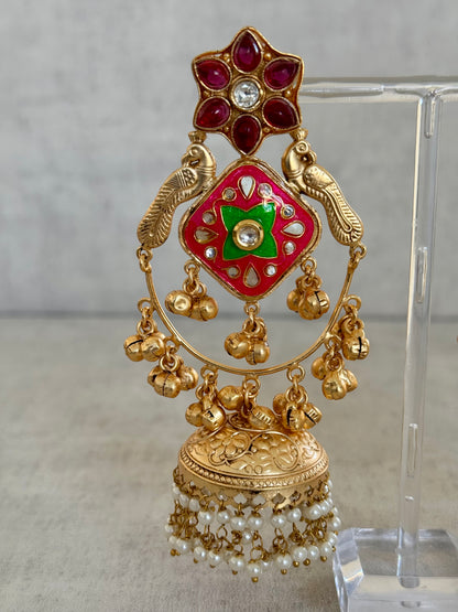 Ayura Designs Farida Earrings – Brass Jhumka Earrings with Ruby & Green Enamel, Bird Motifs and Pearl Dangling Drops