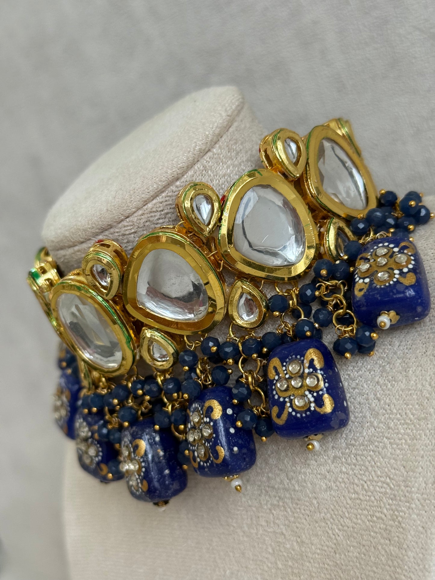 Ayura Designs Gyan Set With Choker And Earrings – Kundan Stones And Navy Blue Meenakari Drops