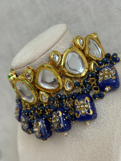 Ayura Designs Gyan Set With Choker And Earrings – Kundan Stones And Navy Blue Meenakari Drops