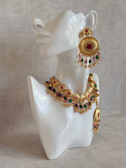 Ayura Designs Jyoti Set with Earrings & Tikka – Gold Disc Necklace with Ruby Pink, Emerald Green & Pearl Detailing