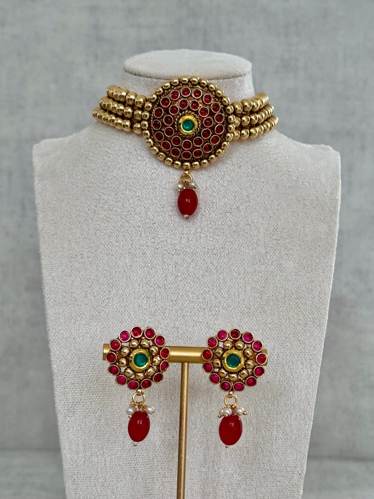 Ayura Designs Ziya Set – Gold, Ruby Red & Emerald Green with Stud Earrings