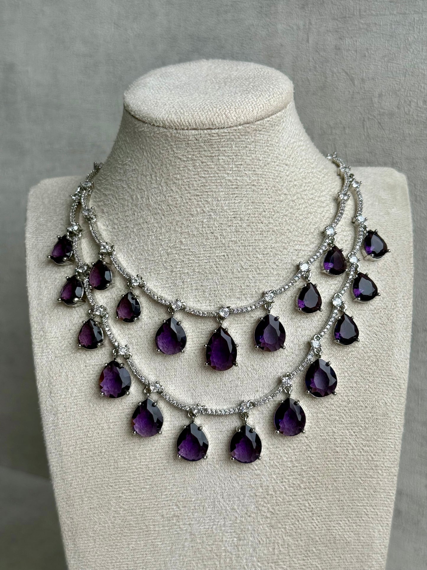 Ayura Designs Nida Set with Necklace & Earrings – Amethyst Purple Stones, Diamond-Cut Detailing & Silver Finish