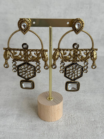 Ayura Designs Irene Earrings – Navy Blue Kundan, Meenakari & Crystal Peacock Chandeliers in Gold