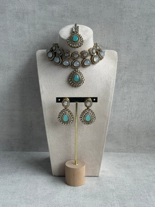 Ayura Designs Tamara Set with Necklace, Earrings & Tikka – Aqua & Opal Stones with Kundan Detailing in Antique Gold Finish