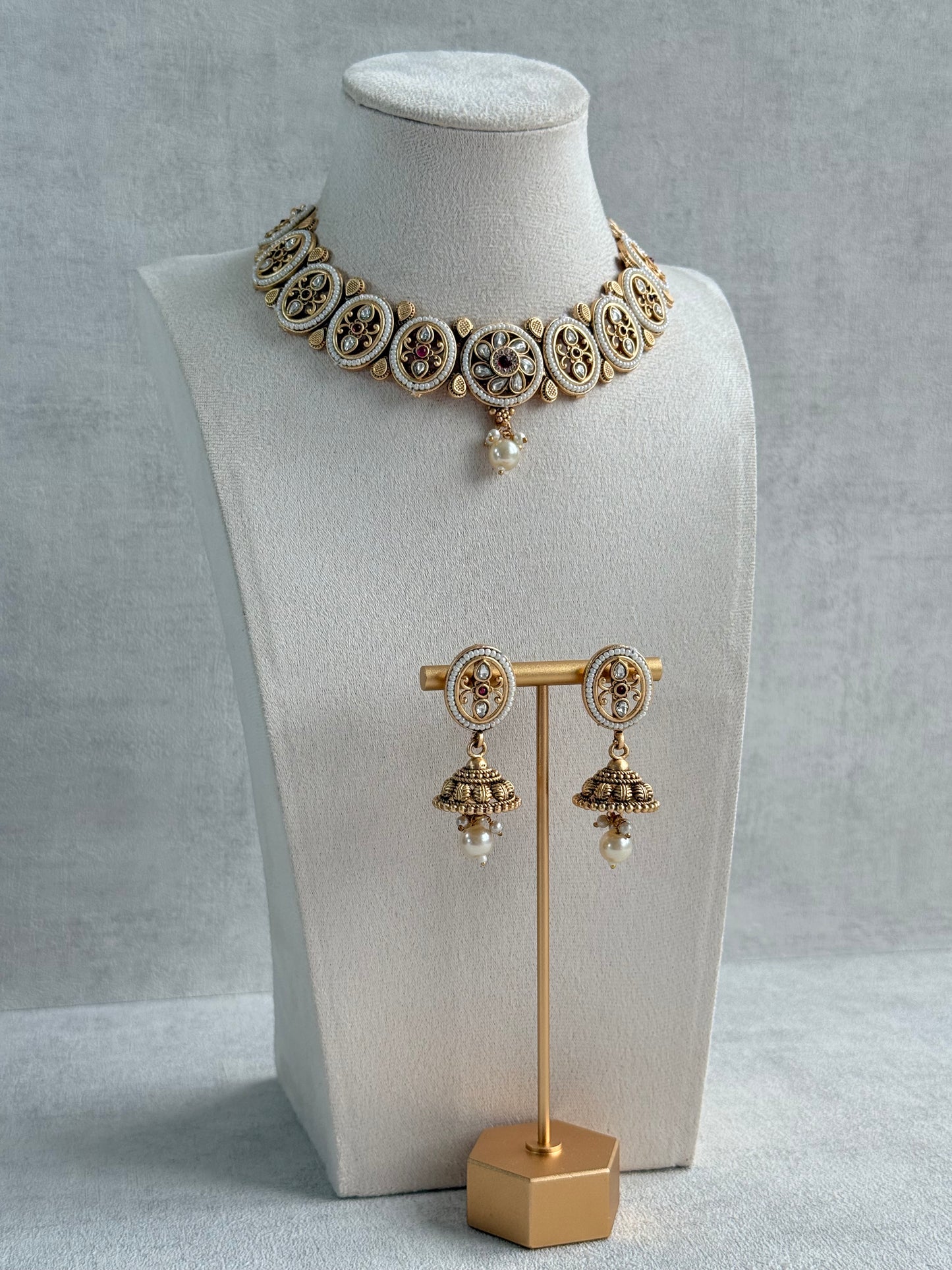 Ayura Designs Laina Necklace Set with Jhumkis – Kundan & Rani Pink Stones, Pearls & Antique Gold Finish