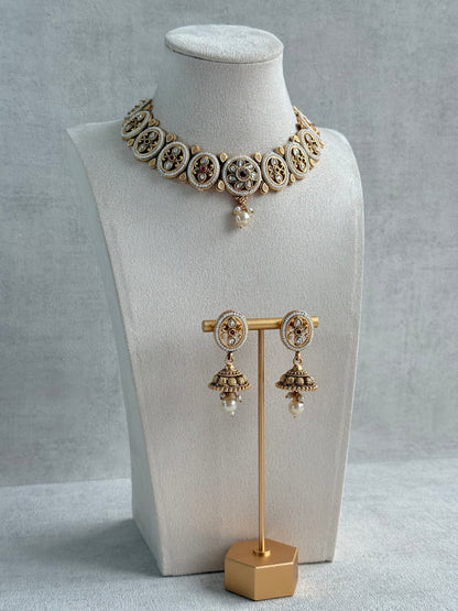 Ayura Designs Laina Necklace Set with Jhumkis – Kundan & Rani Pink Stones, Pearls & Antique Gold Finish
