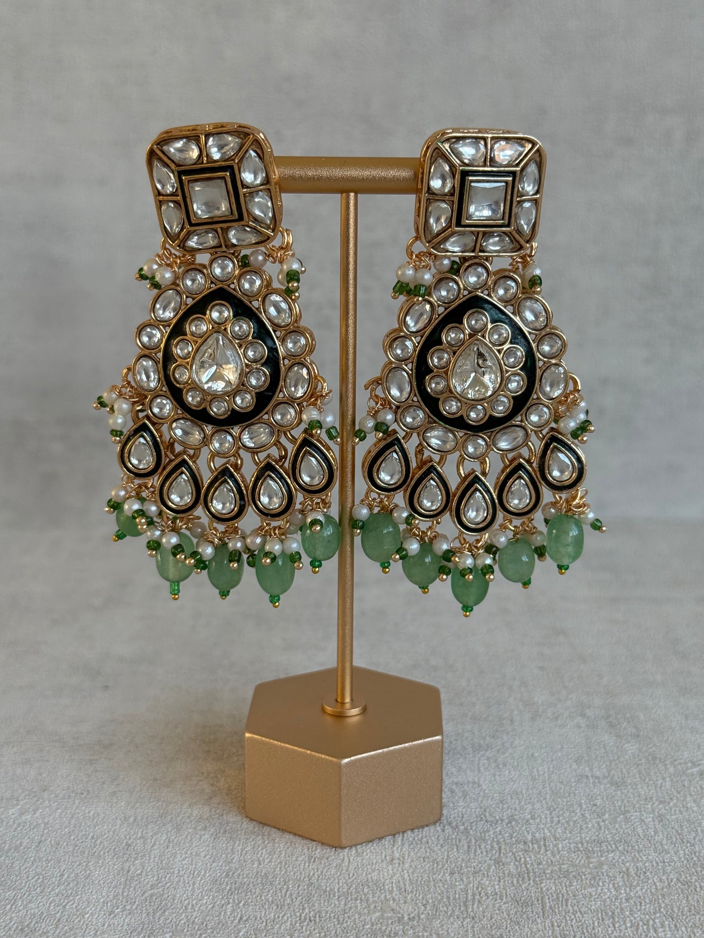Ayura Designs Ishrat Set with Necklace, Earrings & Tikka – Kundan Detailing, Pearl Drops & Sage Green Beads