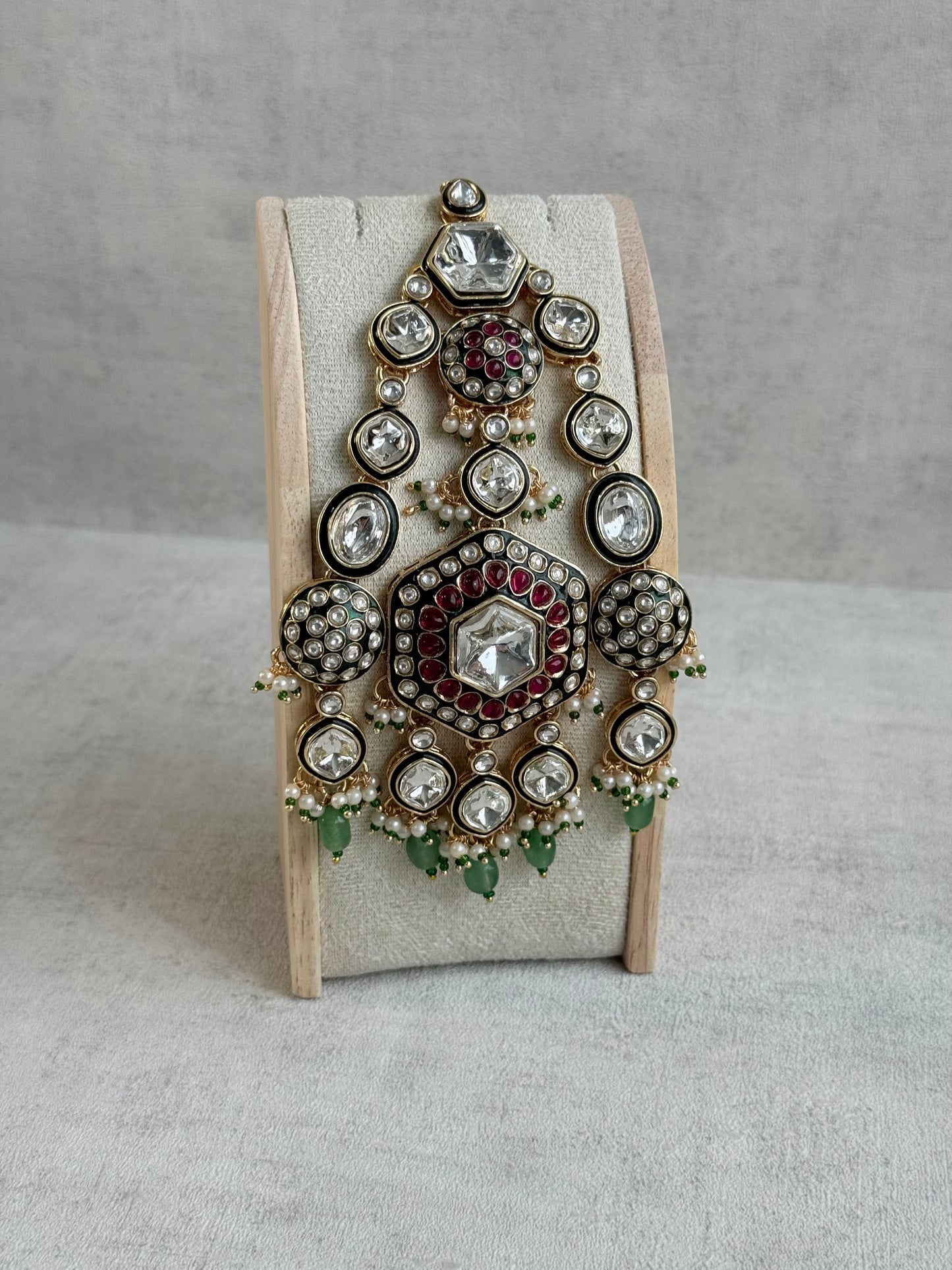 Ayura Designs Visha Jhoomar Passa – Polki Kundan with Ruby Pink Stones, Jade Green Drops & Pearl Detailing