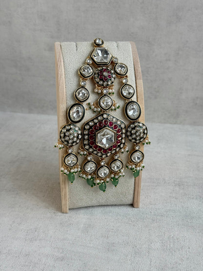 Ayura Designs Visha Jhoomar Passa – Polki Kundan with Ruby Pink Stones, Jade Green Drops & Pearl Detailing