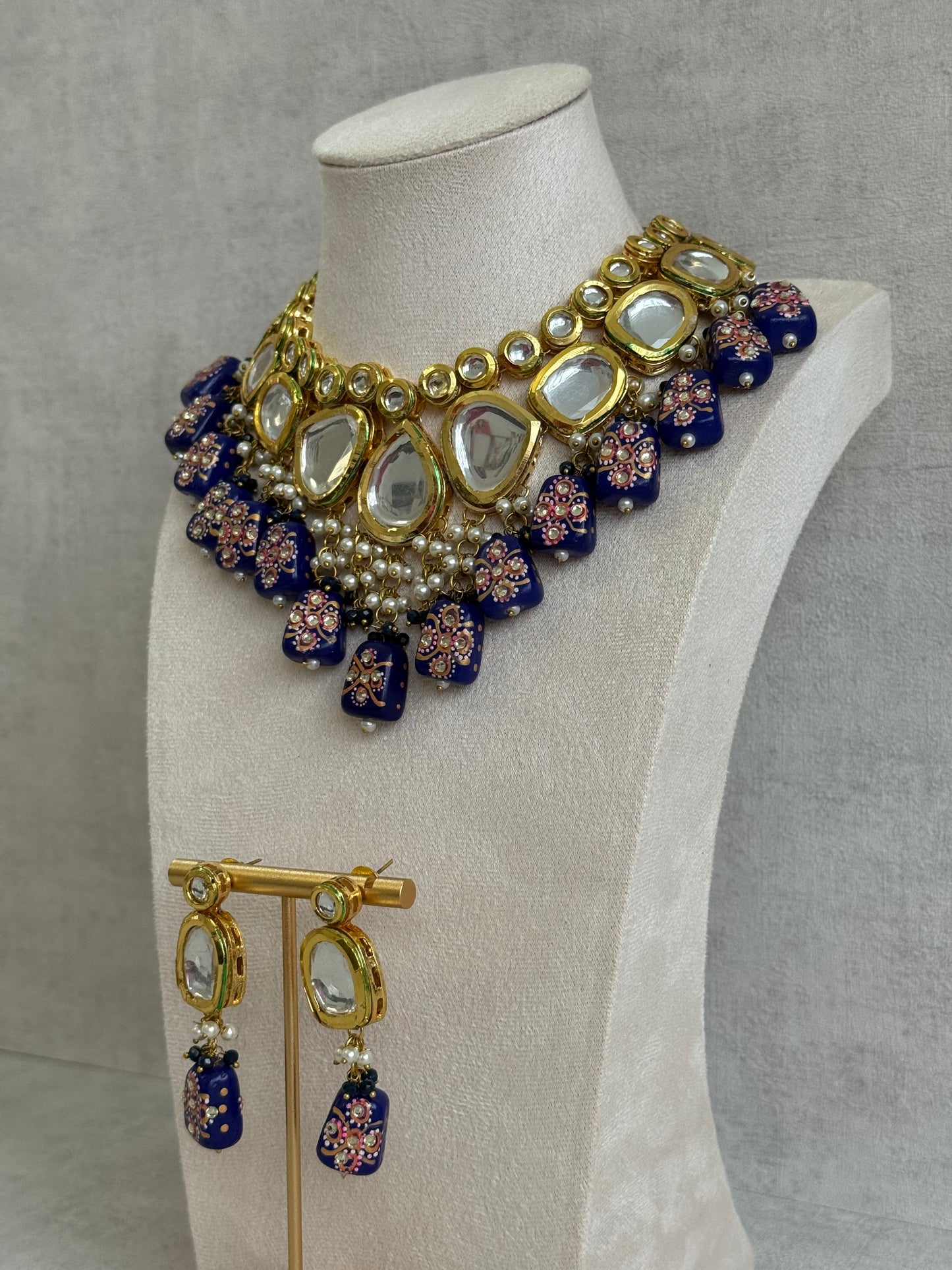 Ayura Designs Omika Set With Necklace And Earrings – Kundan Stones And Navy Blue Meenakari Drops