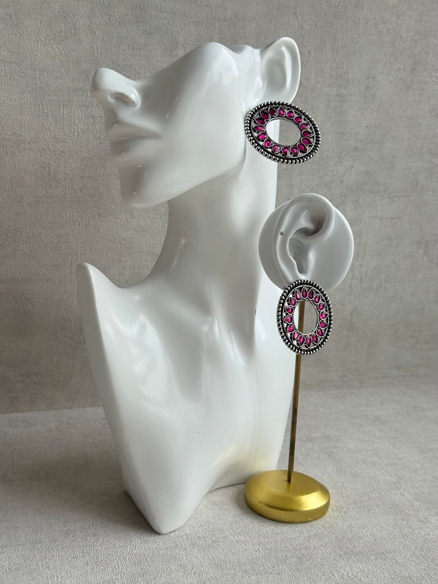 Ayura Designs Kesar Studs – Statement Oxidised Stud Earrings with Fuchsia Pink Stones