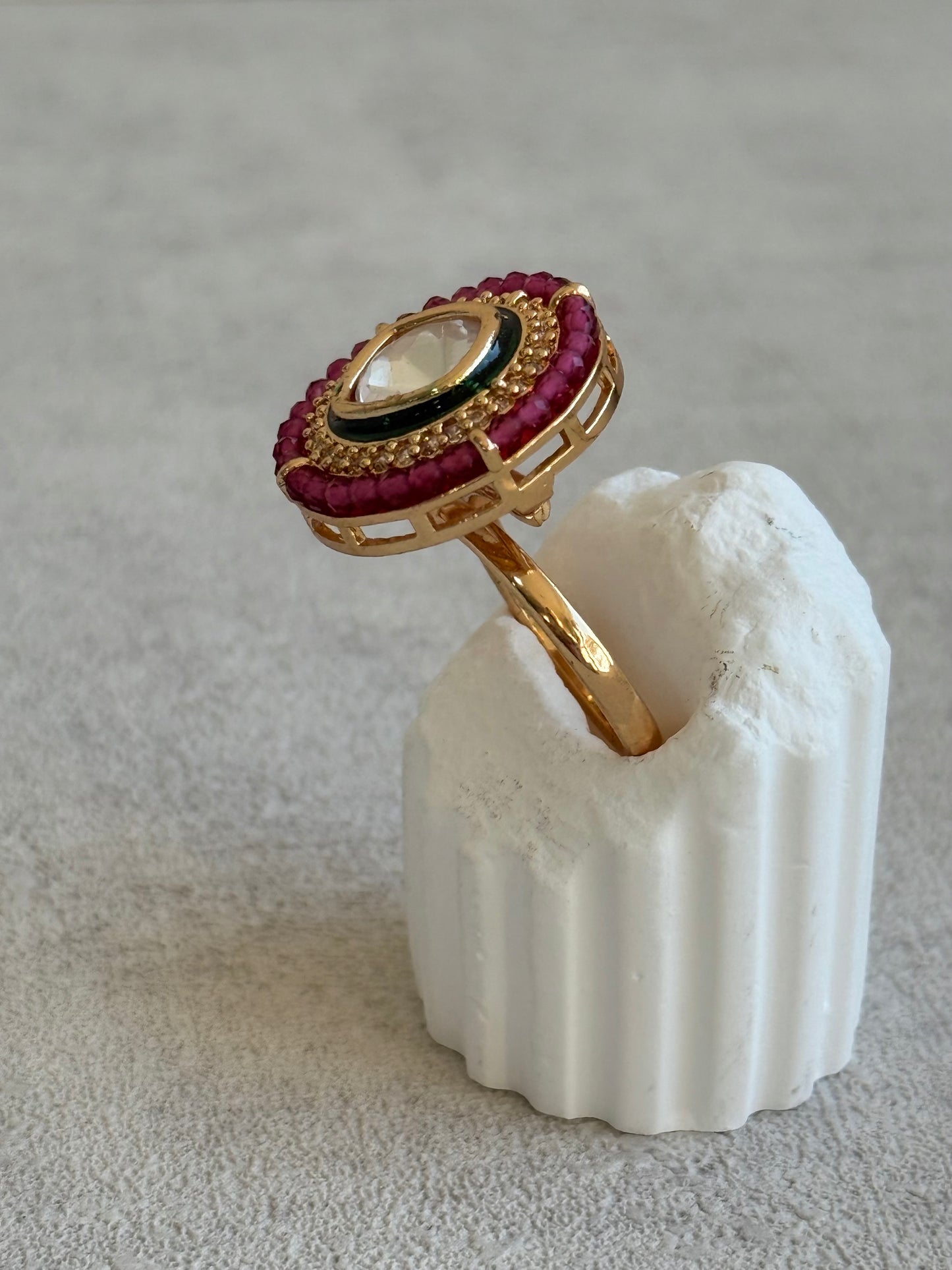 Ayura Designs Roselle Adjustable Ring – Moissanite Centre with Crystal Border & Rani Pink Beads