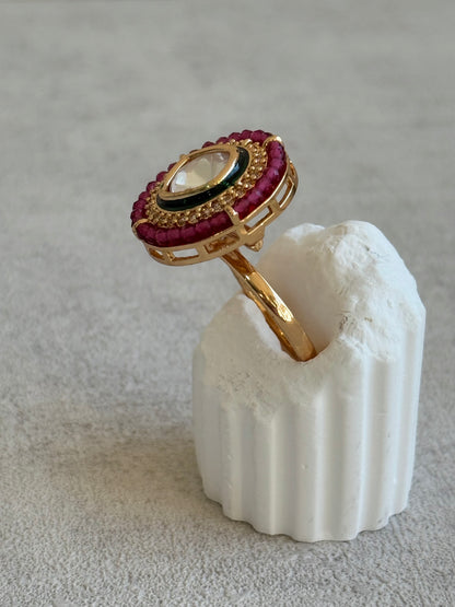 Ayura Designs Roselle Adjustable Ring – Moissanite Centre with Crystal Border & Rani Pink Beads