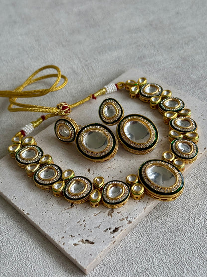 Ayura Designs Sahiba Set – Gold and Emerald Green Kundan Necklace with Oversized Oval Stones and Matching Drop Earrings