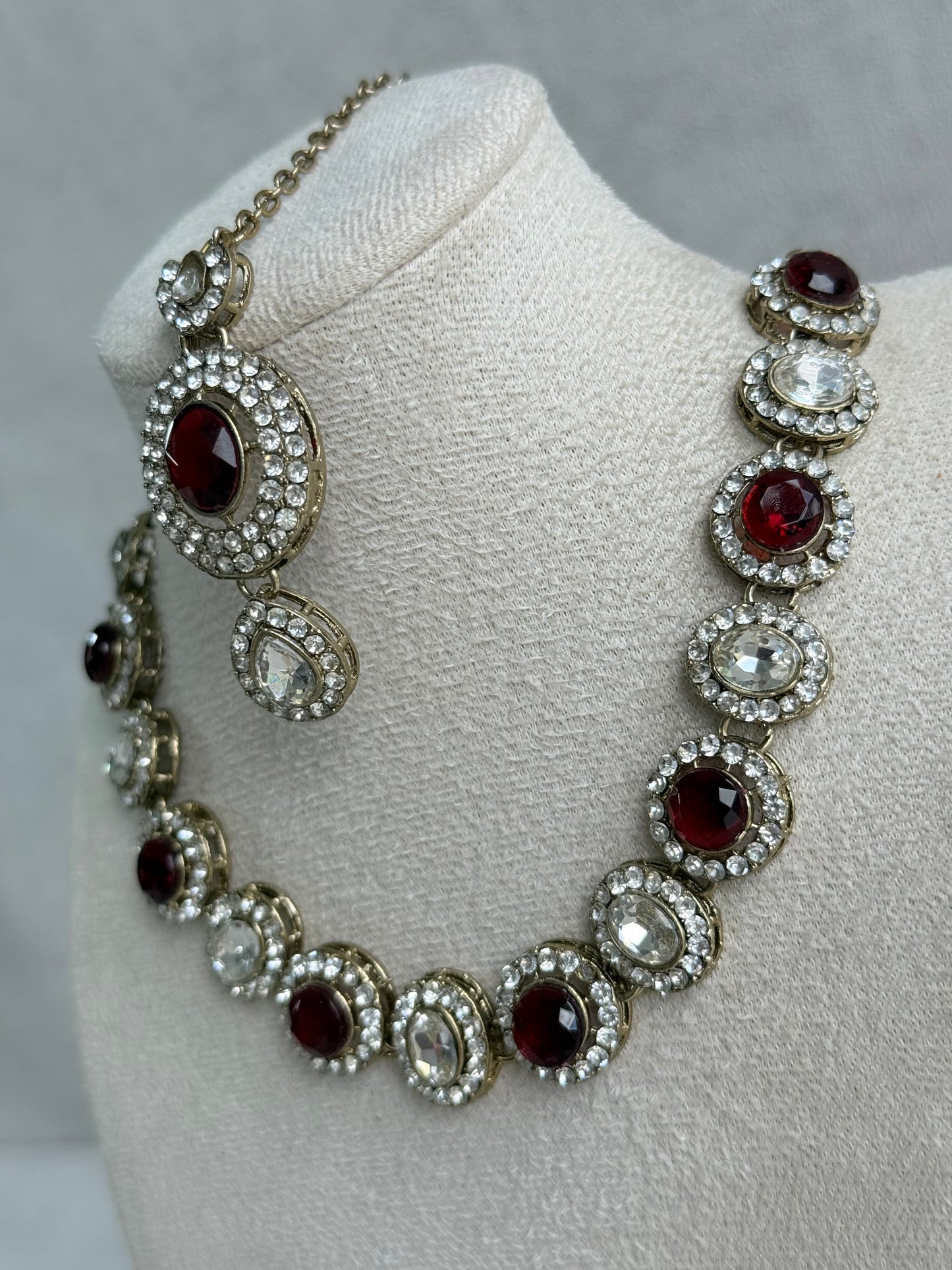 Ayura Designs Eira Necklace Set with Earrings & Tikka – Ruby Red & Crystal Stones with Antique Gold Finish