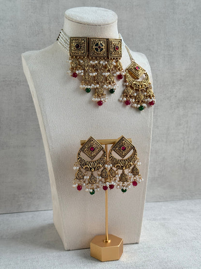 Ayura Designs Samera Choker Set with Earrings & Tikka – Rani Pink & Emerald Green Beads, Pearl Detailing, Green Centre Stone, Floral Motifs & Antique Gold Finish