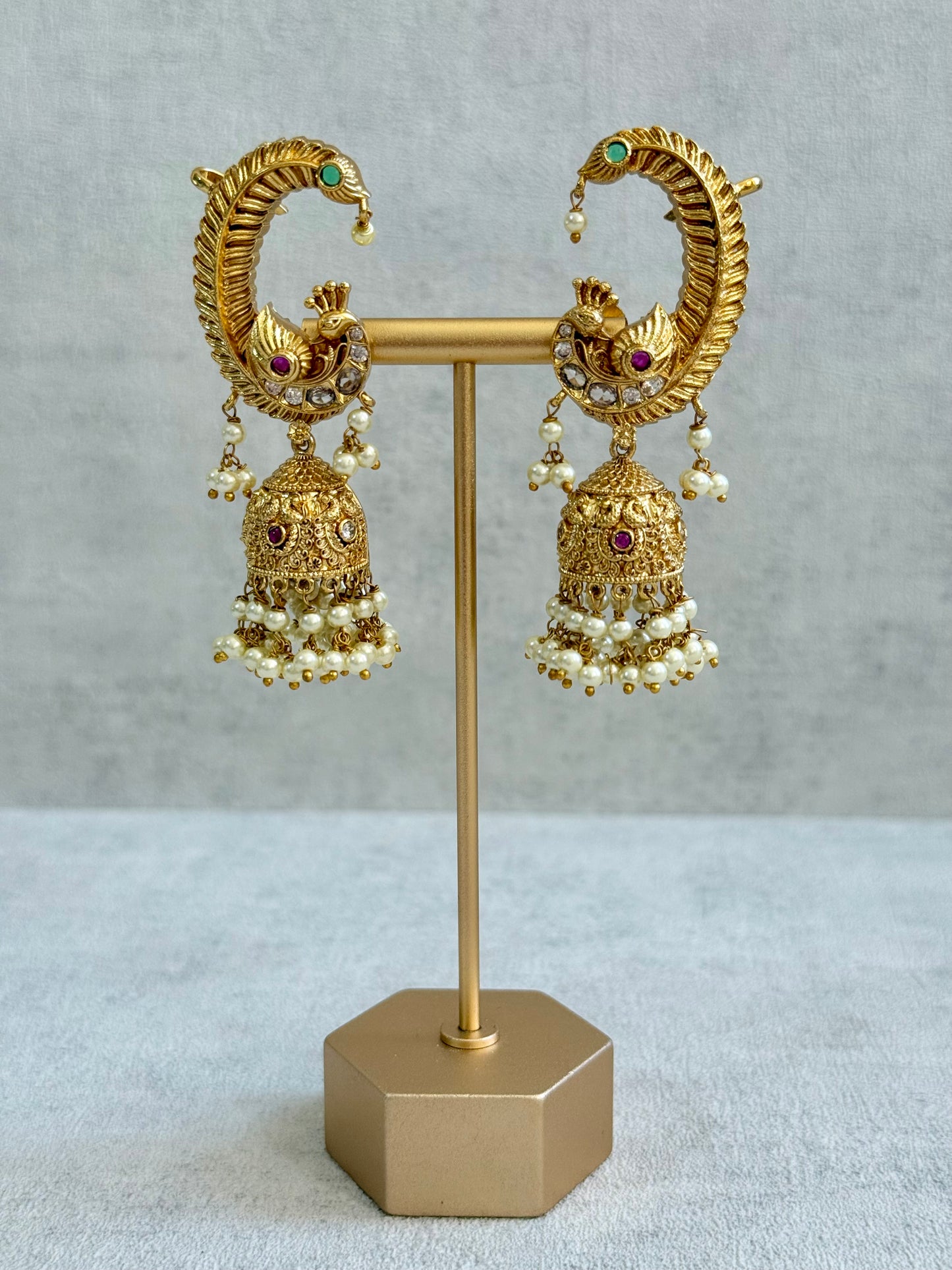 Ayura Designs Mythili Jhumkis – Half Ear Cuffs in Antique Gold with Peacock Design, Pink & Emerald Green Stones and Pearl Drops
