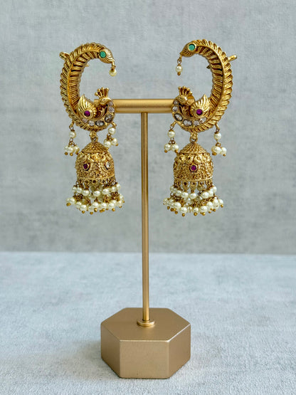 Ayura Designs Mythili Jhumkis – Half Ear Cuffs in Antique Gold with Peacock Design, Pink & Emerald Green Stones and Pearl Drops