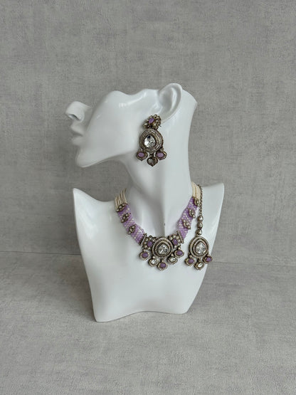 Ayura Designs Rahi Necklace Set with Earrings & Tikka – Lilac Stones with Mirror-Cut Detailing & Pearl Strands