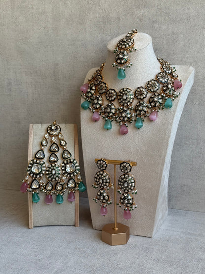 Ayura Designs Sumaira Set with Passa – Necklace, Earrings, Tikka & Passa with Kundan, Green Meenakari Detailing & Aqua-Pink Drops