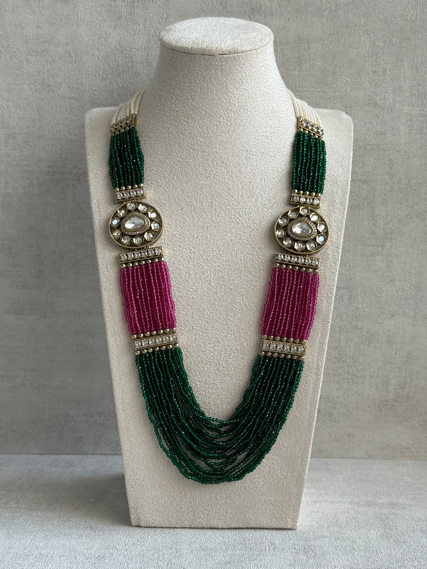 Ayura Designs Sienna Set – Long Layered Necklace & Earrings with Emerald, Berry Pink & Ivory Beads, Mirror-Cut Kundan & Pearl Detailing